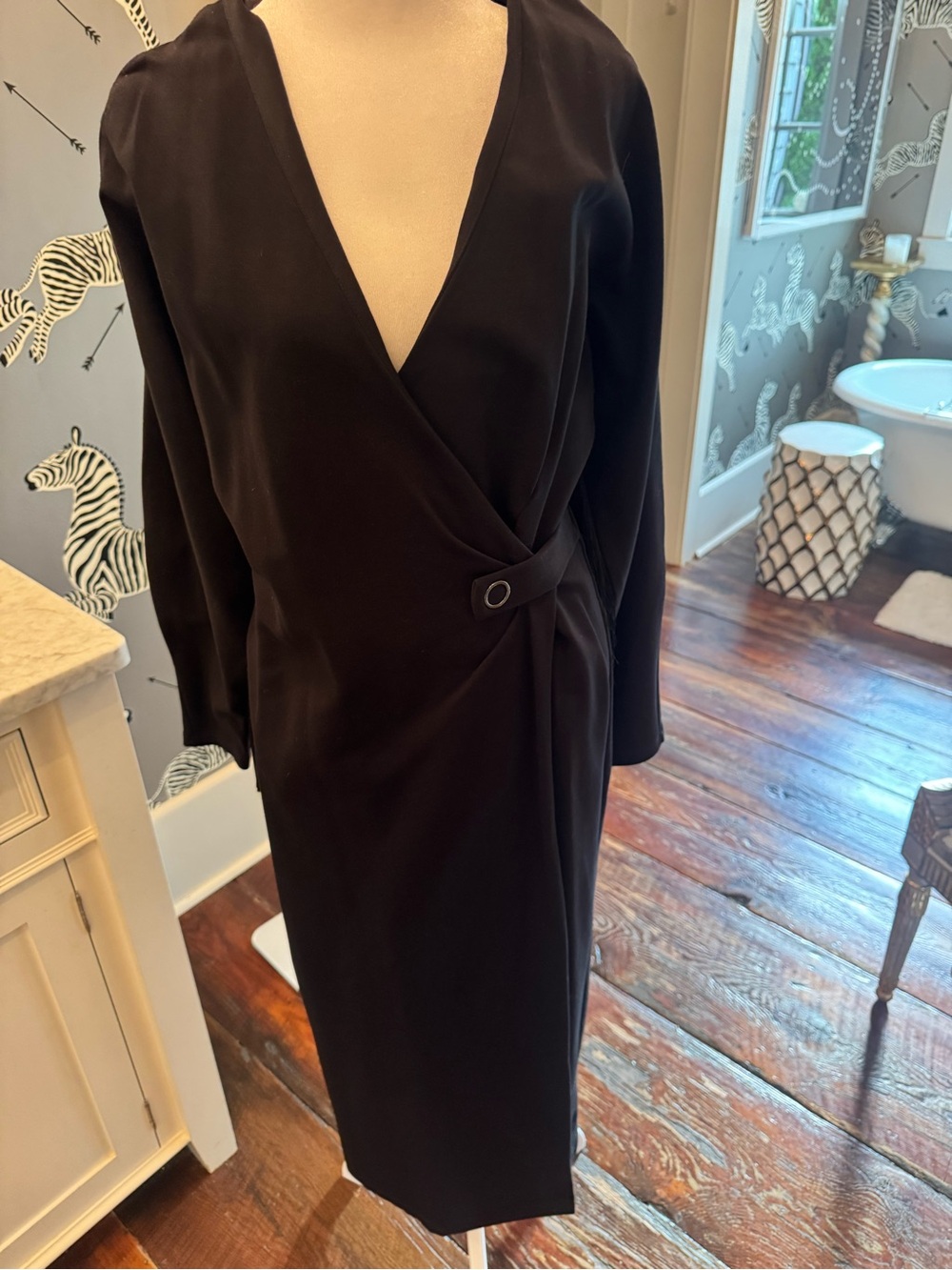 Black Wrap-Front Midi Dress